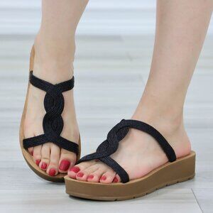 Women's Black Braided Strap Platform Sandals Tan Comfort Sole Fip Flops